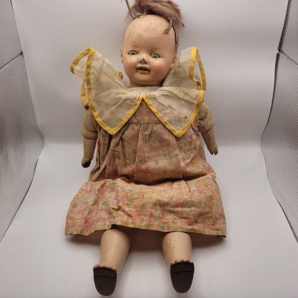 Vintage Antique Composition Baby Doll Floral Dress Green Eyes Restoration Piece